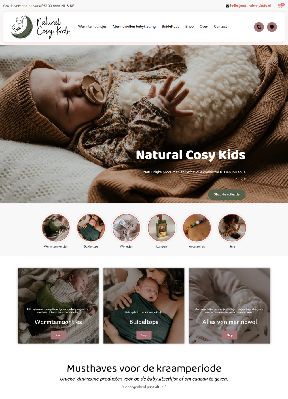 Shopify webshop voor NaturalCosyKids, ontwikkeld door Briefvibe.