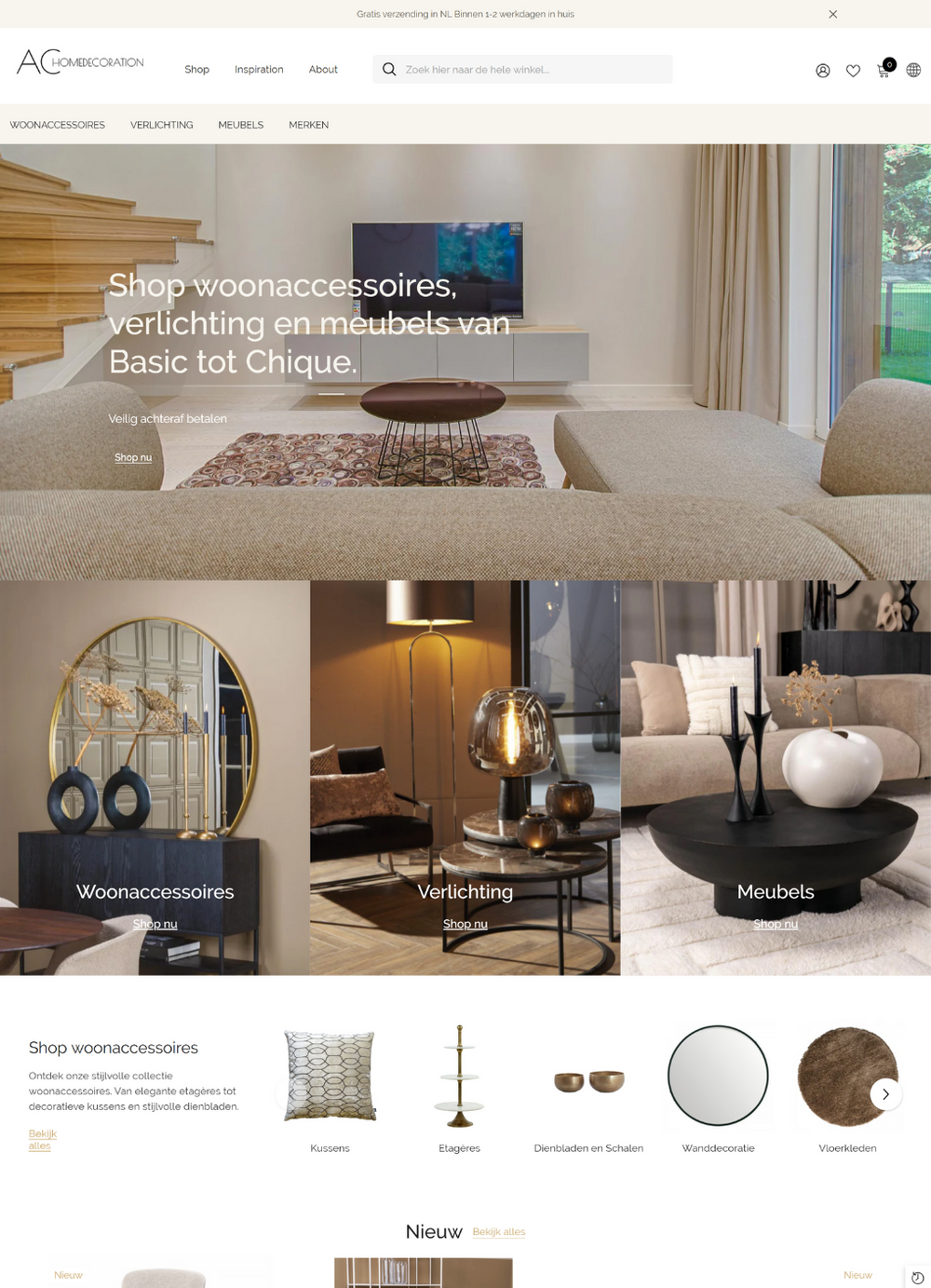 Responsive Shopify webshop voor AC Homedecoration, ontwikkeld door Briefvibe.