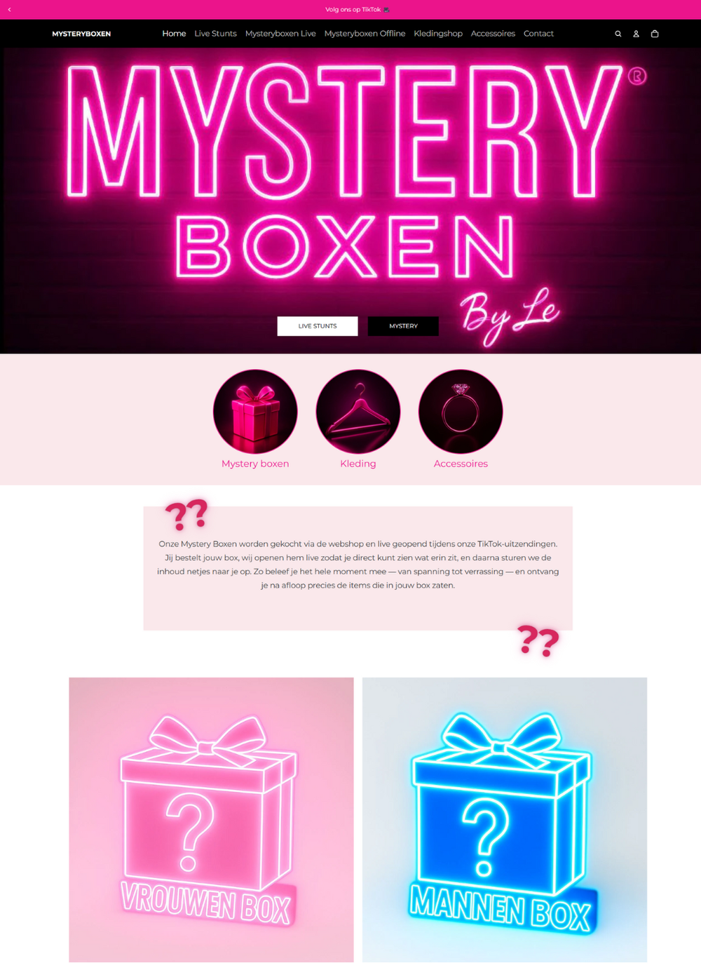 Mockup van de Shopify webshop voor Mysteryboxen.