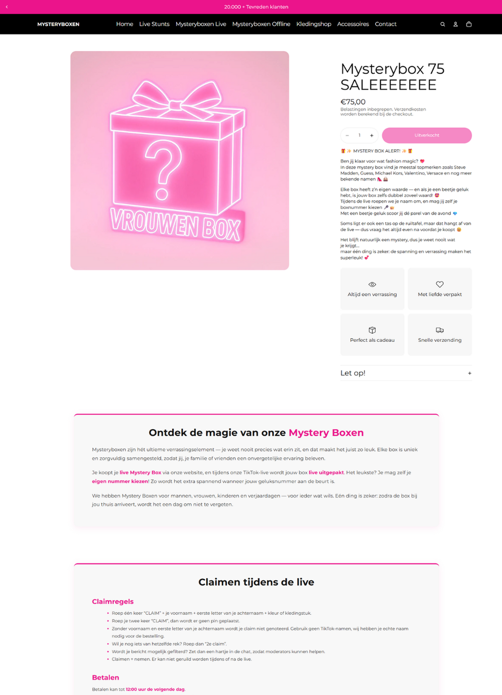 Detailweergave van de Shopify webshop voor Mysteryboxen.