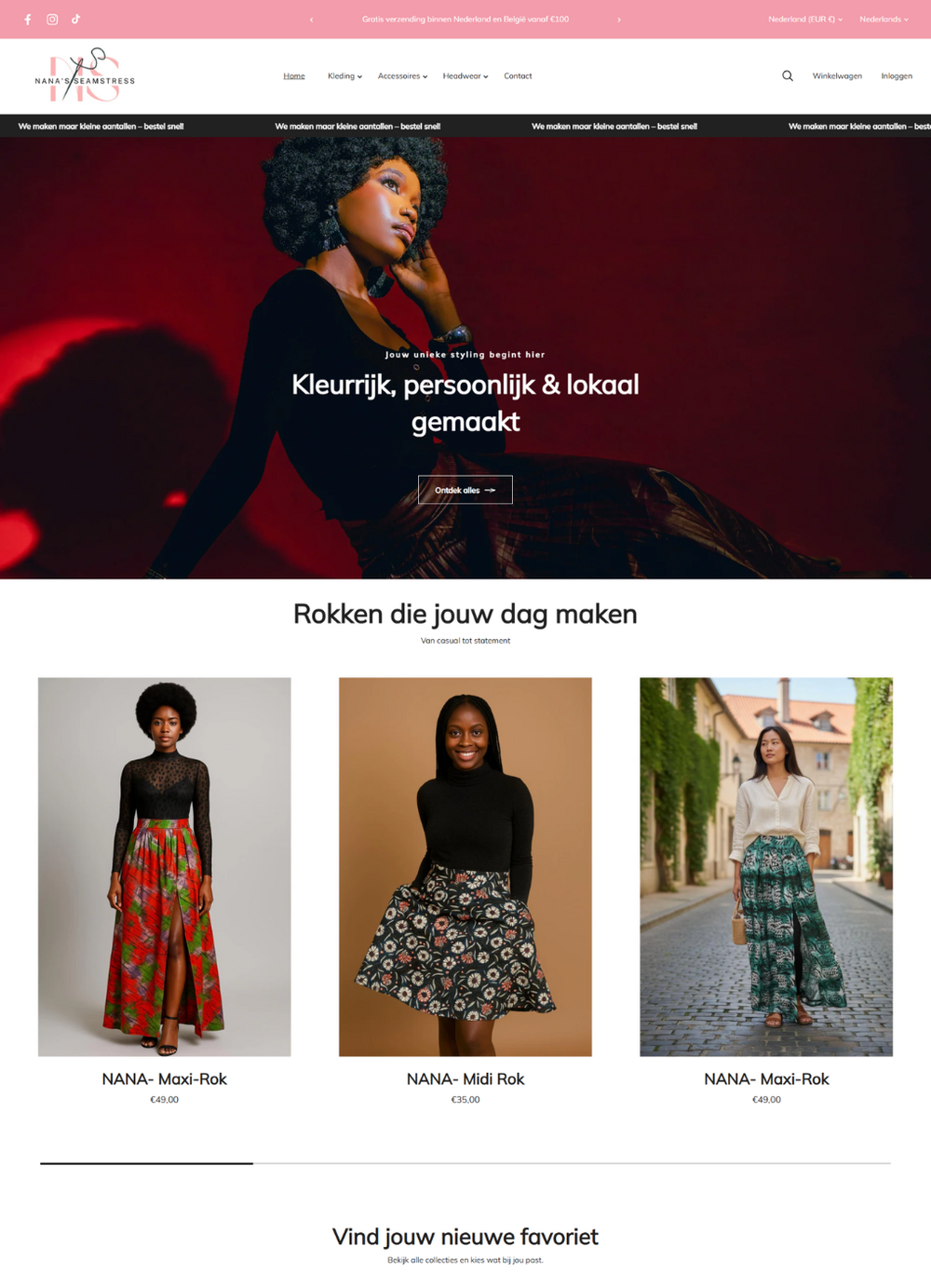 Mockup van de Shopify webshop voor Nana's Seamstress.
