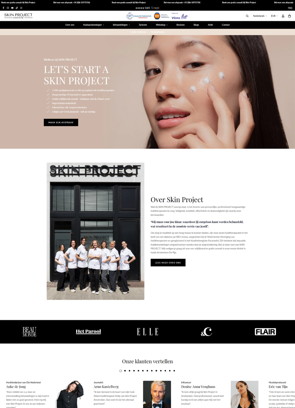 Shopify webshop voor Skin Project Amsterdam, ontworpen en ontwikkeld door Briefvibe.