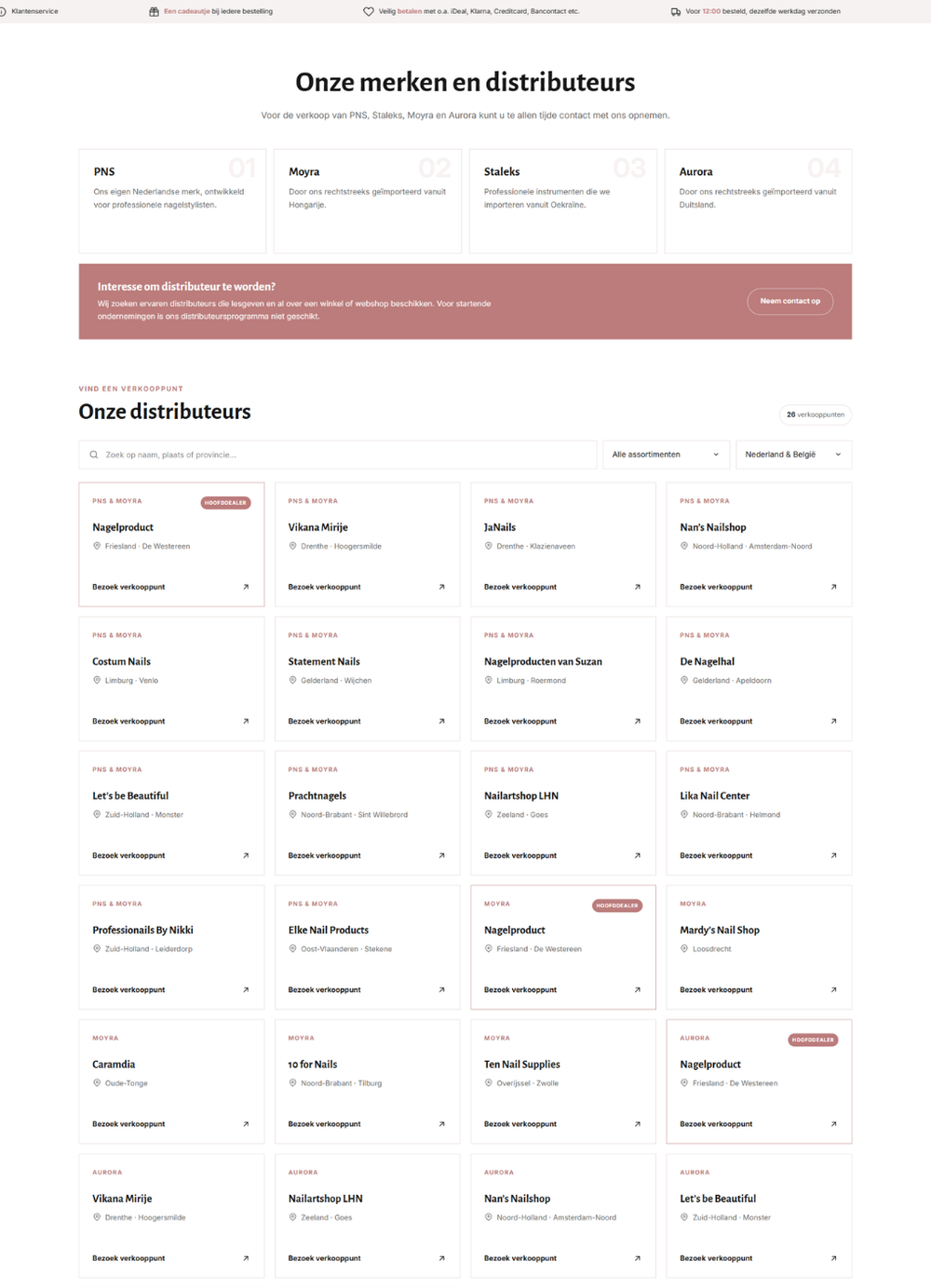 Overzicht van merken en distributeurs in de Shopify-webshop van Nagelproduct.nl