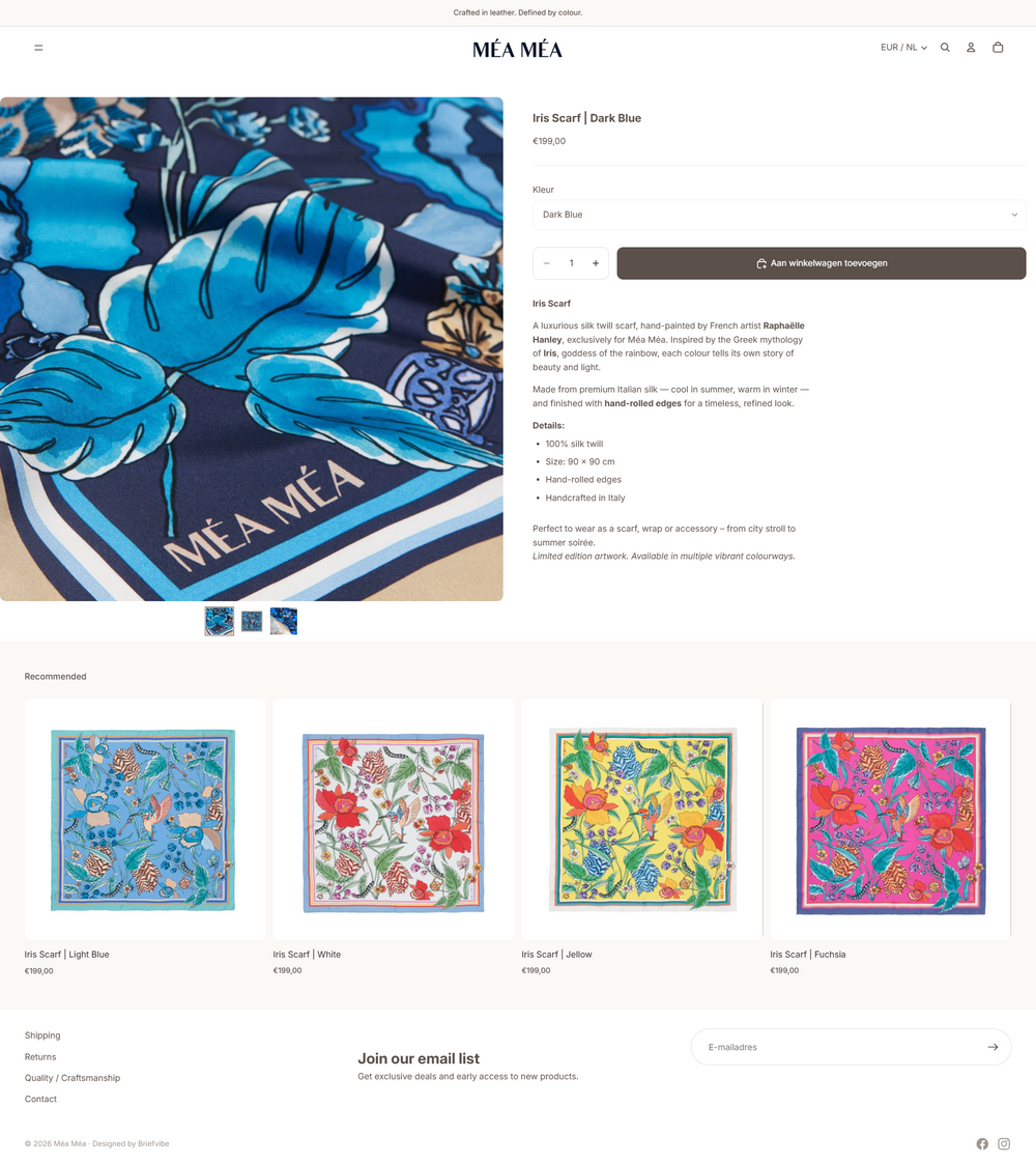 Mockup van de Shopify webshop voor MEA MEA, ontwikkeld door Briefvibe.